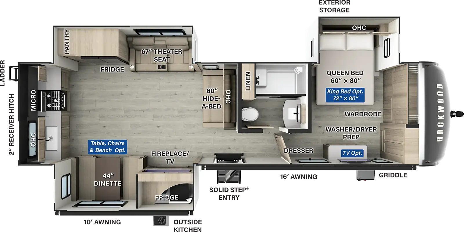 The Rockwood Signature Travel Trailers 8332SB has one entry and three slide outs. Exterior features include: fiberglass exterior, 10' &16' awning and outside kitchen. Interiors features include: rear kitchen and front bedroom.